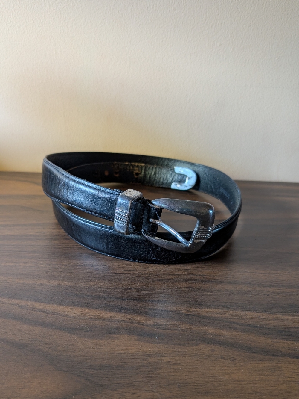 Vintage Black Leather Women's Belt with Silver Buckle